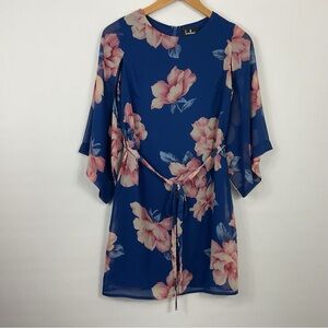 Lulus Joyful Noise Denim Blue Floral Print Mini Dress Size XS